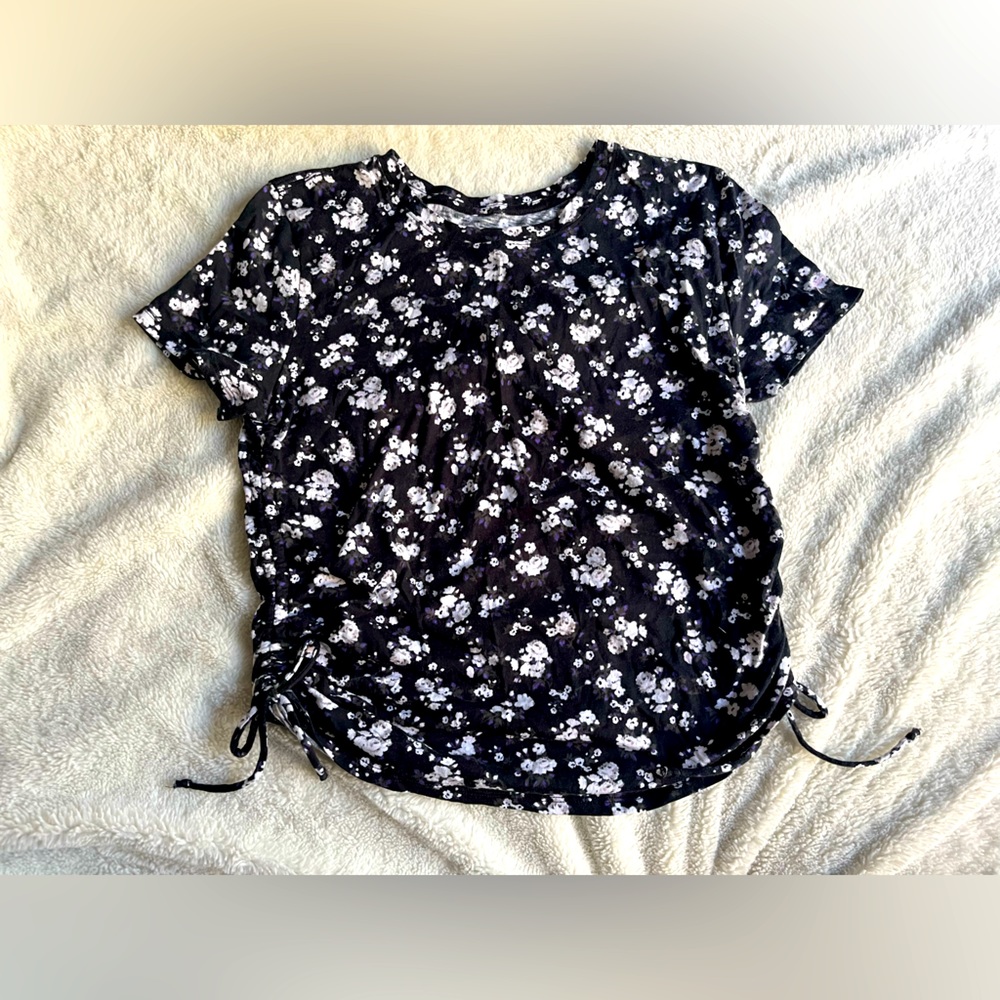 PINK Ruched Sides Flower Print T-Shirt XS